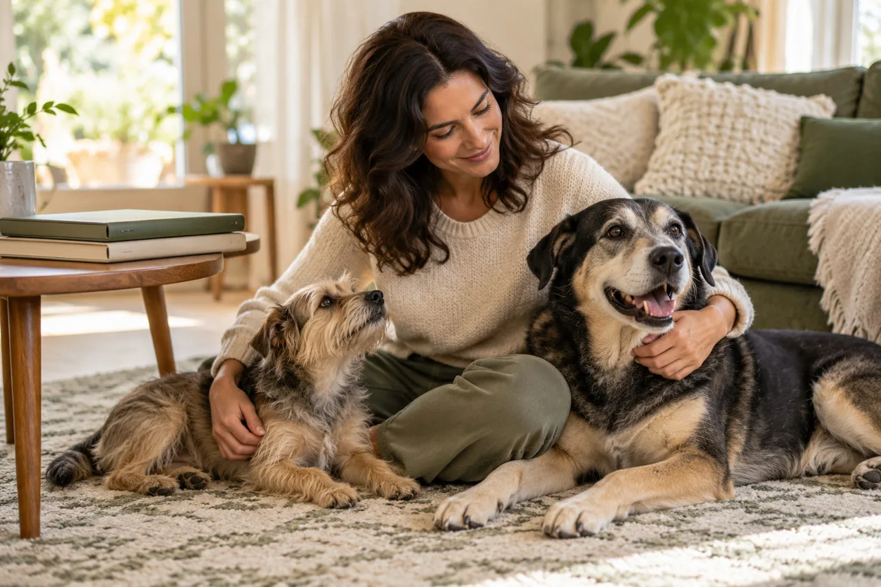 Owner sitting at home beside two dogs, one with a gray muzzle