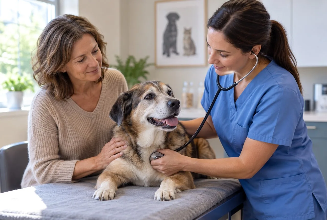 Veterinary professional examining a small gray dog beside an owner